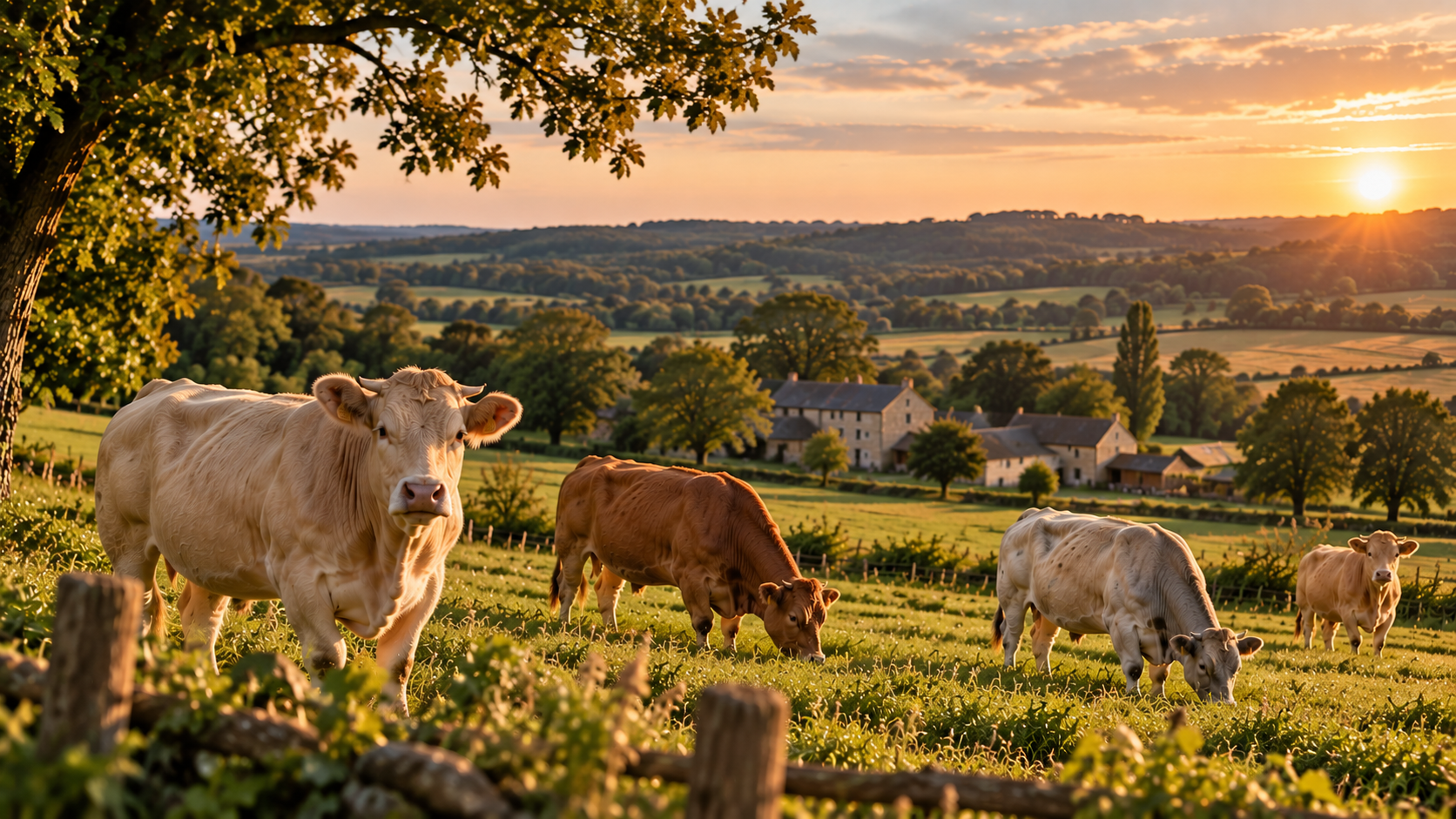 Vaches au pâturage devant une ferme du Perche au coucher du soleil